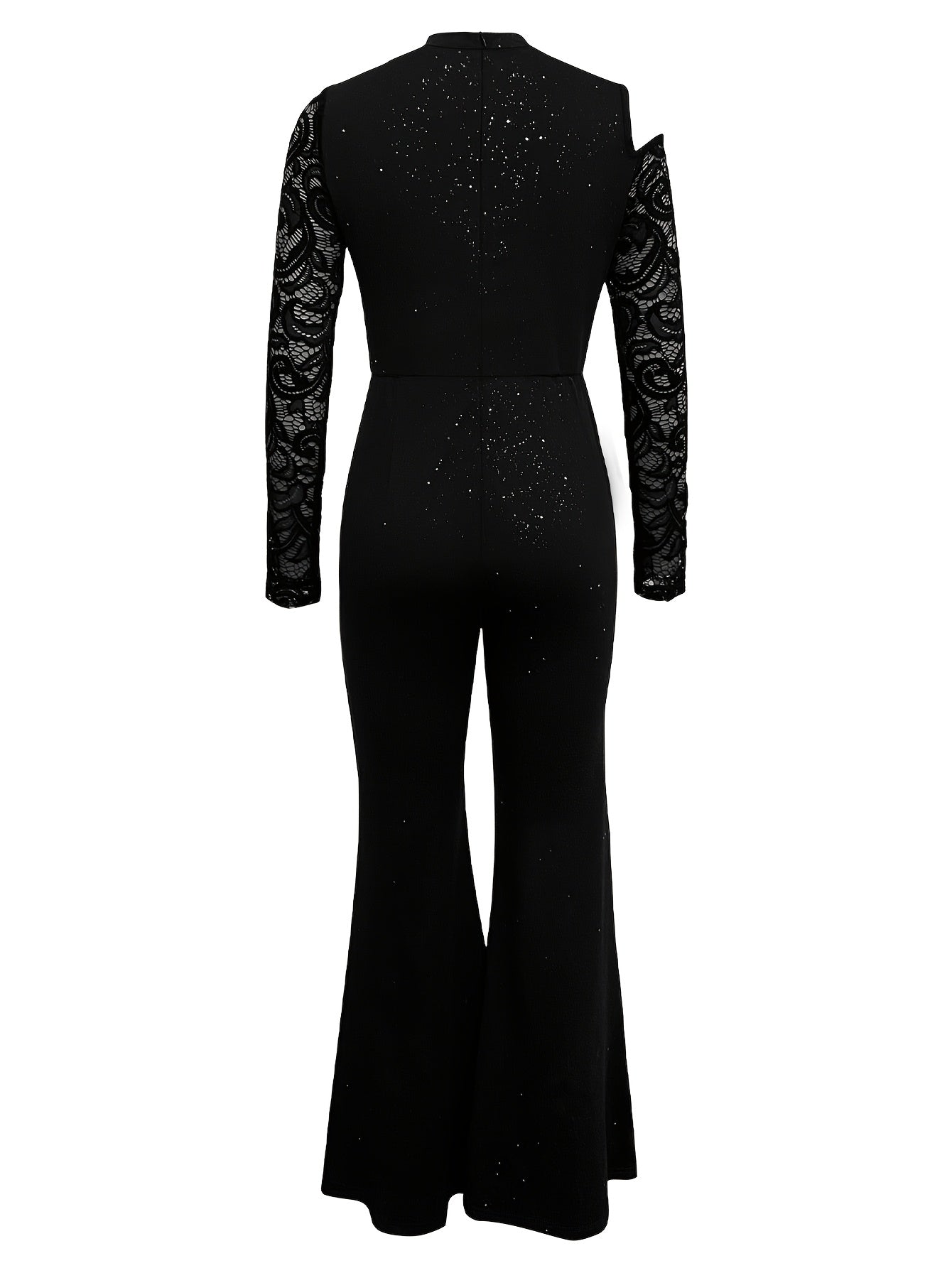 Women'S Sexy High Neck Off-Shoulder Jumpsuit, Lace Detail, Glitter Solid Color, Knit Fabric, Polyester 97% Spandex 3%, Spring/Fall Season, Adult Size